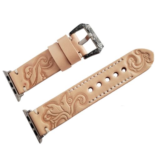 Hand Carved Natural Leather Watch Band Strap Replacement Tooled Band Compatible with Apple & Samsung Watch Series